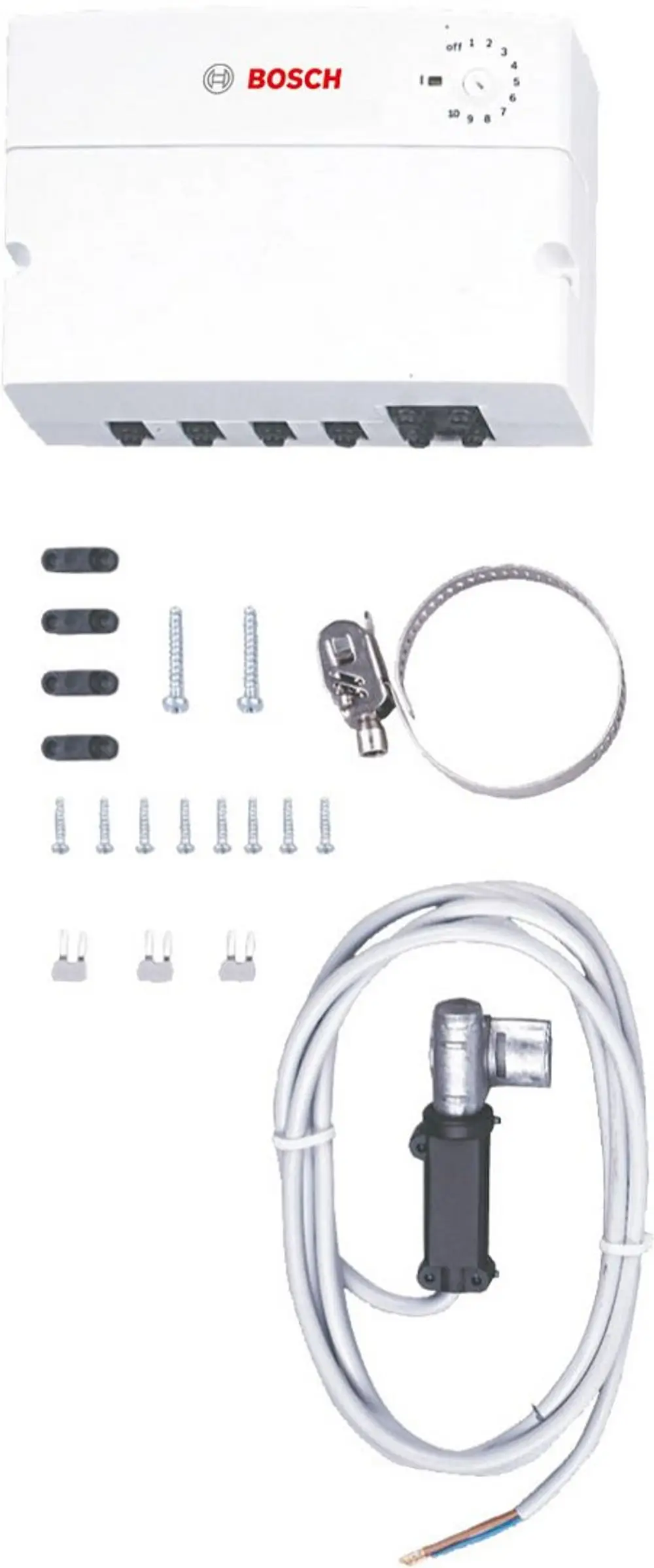 Weißes Bosch Modul mit mehreren Anschlüssen, Schrauben, Kabel, Kabelbinder und einem Adapter. Enthaltene Teile scheinen für die Montage vorgesehen.